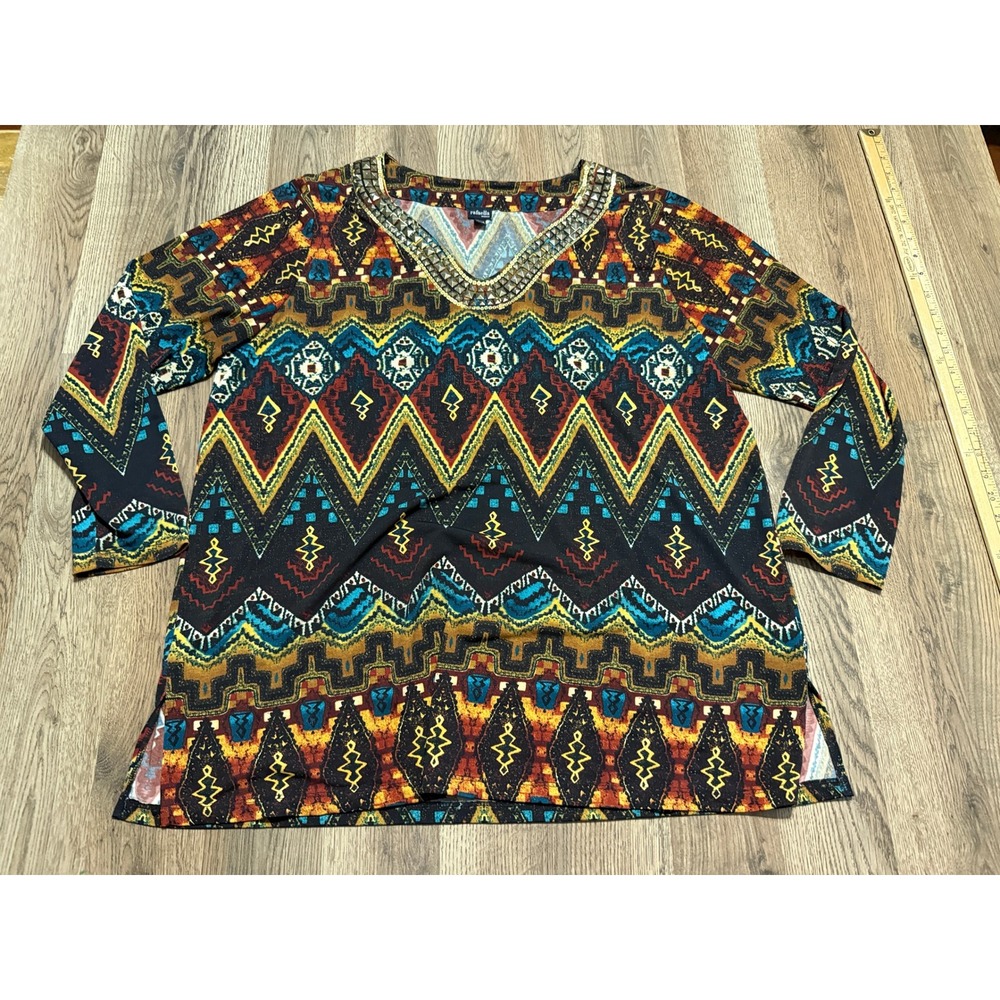 Rafaella Top Womens Size 1X Multi Color Blouse Geometric Studded V-Neck